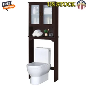 Over Toilet Storage Cabinet Adjustable Shelf Sturdy MDF W/ Glass Doors Espresso - Picture 1 of 6