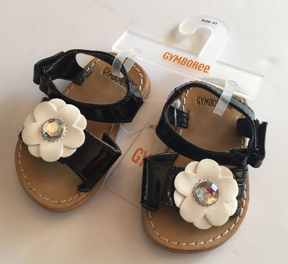 NUEVO CON ETIQUETAS Sandalias Gymboree Bee Chic Talla 03 Negro Charol Margarita Gema Flor para 6-12 Meses Foto 1 de 1