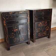 2 x small Chinese Cabinets Black Lacquer painted floral design - antique style