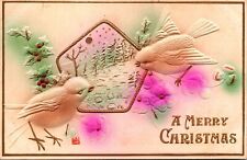 VINTAGE POSTCARD TWO BIRDS AND PENTAGON SHAPED MINI-SCENE ON CHRISTMAS GREETING