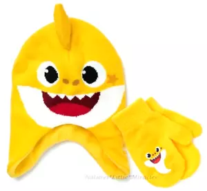 Baby Shark Beanie Trapper Hat & Mittens Set Boys Girl Toddler Yellow 2T 3T 4T 5T - Picture 1 of 1