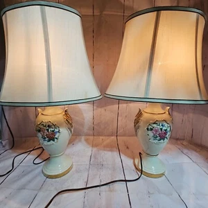 vintage Table Lamp 1940s Victorian porcelain floral with rose gold trim Set Pair - Picture 1 of 24