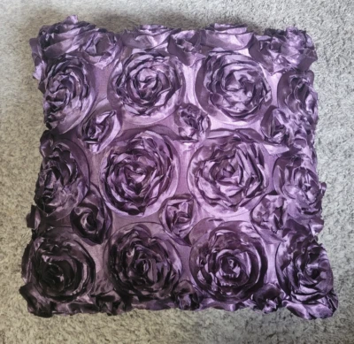 Satin Rosette 3D Raised Pop-Up Petals Purple Throw Accent  Pillow 18" x 18" - Image 1 of 4