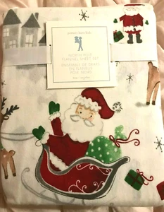 NEW Pottery Barn Kids North Pole Santa FLANNEL TWIN SHEET SET ~ HOLIDAY ~ - Picture 1 of 5