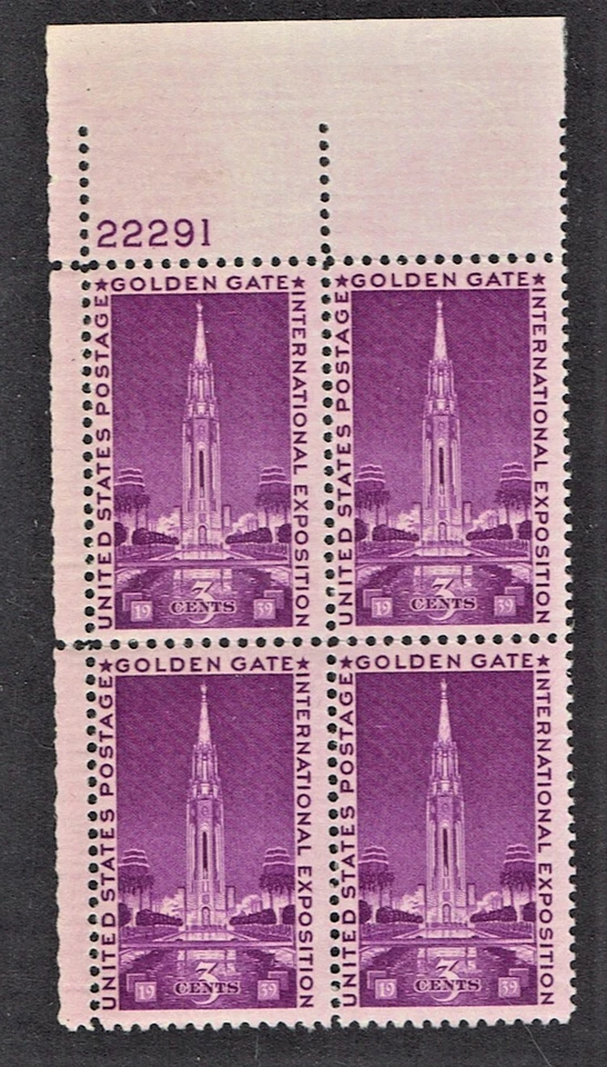 1938 U.S. COMMEMS 3c GOLDEN GATE  Plt#BLK of 4 Sc#852 M/NH/OG Pristine - Image 1 of 1