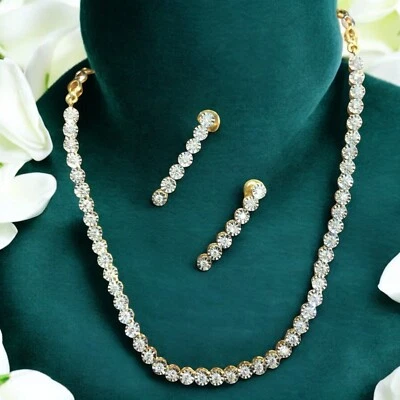 Elegant 2.18 Cts Round Brilliant Diamonds Tennis Necklace Earrings Set 14K Gold - Image 1 of 4