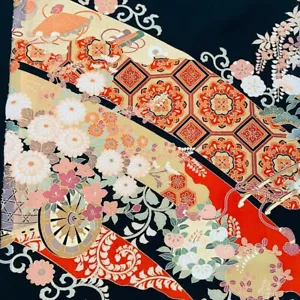 Golden Days #C 14,5x64 LUNGO tessuto kimono seta nero dipinto a mano ToF47 - Foto 1 di 7