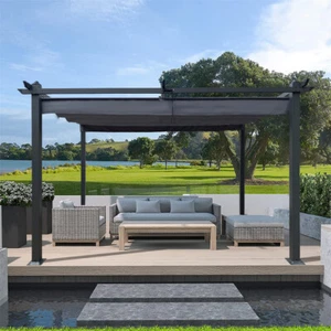 13x10 Ft Outdoor Patio Retractable Pergola with Canopy Sun Shelter Pergola Gray - Picture 1 of 15
