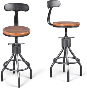 Set of 2 Rustic Industrial Bar Stool-23.4-33 Adjustable Metal Swivel Wooden Top - Picture 1 of 10