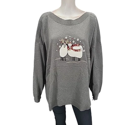 CJ Banks Womens Sweatshirt 3X Plus Size Gray w Holiday Embroidery Pullover Top - Image 1 of 4