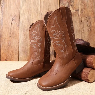 女士中筒靴牛仔女牛仔靴刺绣方头西靴 — 第 1/4 张图片