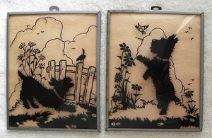 Vintage Pair Convex Glass Silhouettes,Scottie Puppy Dog Playing Bird & Butterfly - Picture 1 of 3