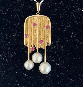 Cascading Ruby Pearl Pendant 14k Yellow Gold Statement Custom Made - Picture 1 of 6