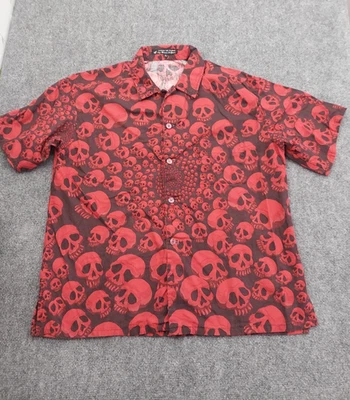 Curious Cat Skull Shirt Mens Large Red Allover Print Goth Biker Halloween Rave - Image 1 of 4