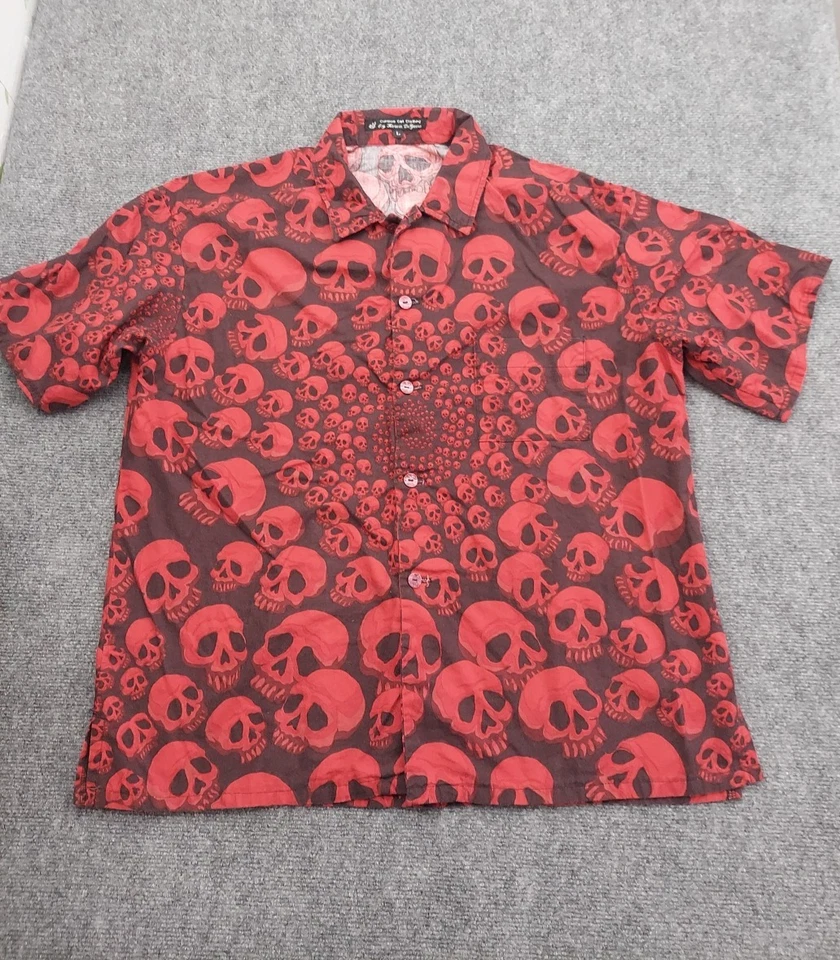 Curious Cat Skull Shirt Mens Large Red Allover Print Goth Biker Halloween Rave - Image 1 of 4
