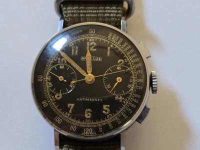 *MUY RARO* Reloj Cronógrafo Angelus Vintage Años 40 Segunda Guerra Mundial Negro Esfera Dorada Foto 1 de 4