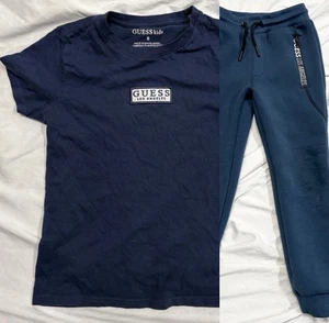 GUESS Spell Out Patch Blue T-Shirt And Jogger Pants Set Boy’s 8 - Picture 1 of 11
