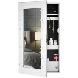 White Desktop Jewellery Mirror Cabinet with LED Lights Wall Mounted Bedroom - Picture 1 of 9
