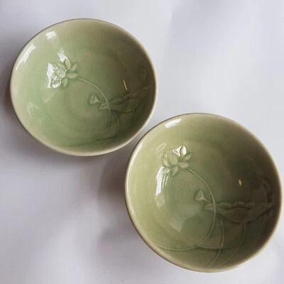 Celadon Cerámica Loto Arroz Cuencos Nenúfar Flor Relieve Tallado Tailandia 13cm Foto 1 de 4