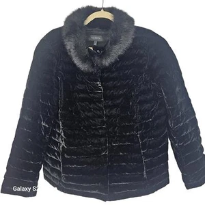 Talbots Jacket Puffer Jacket Women 12 Black Velvet Jacket Faux Fur Collar Jacket - Picture 1 of 11