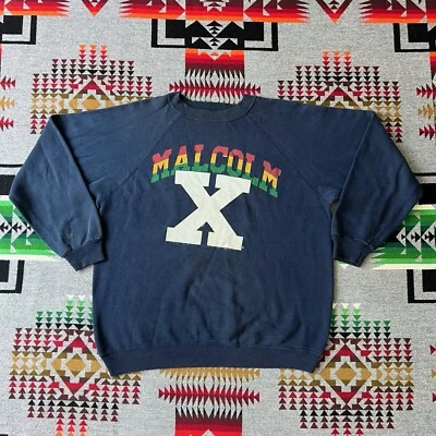 Moletom Malcolm X azul gola redonda Hanes anos 80 EUA vintage masculino GG - Imagem 1 de 4