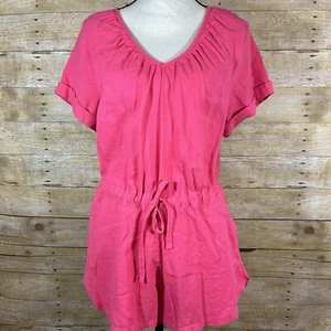 Universal Thread Hot Pink Linen Blend Shorts Romper XS Pockets V Neck Tie Waist - Picture 1 of 9