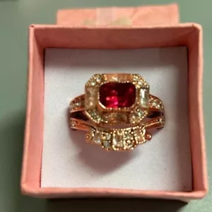 Rose Gold plated RED Gem Stone with extra Band and Clear stones Rings - Picture 1 of 4