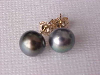 Stunning AAA Tahitian 9-10mm black green pearl earrings 14k Gold - Image 1 of 4