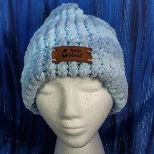 Celestial Blues Brain Blanket Beanie Hat 9" Wonderfully Warm Handmade NEW - Picture 1 of 2