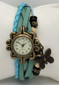 Ladies Southwest Style Butterfly Blue Braided Leather Bracelet Watch I7 - Picture 1 of 7