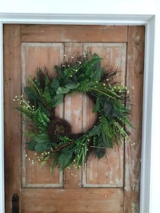 Green Leaves Ferns Berries Nest Wreath 24” Cottage Decor New Floral Natural Twig - Picture 1 of 4