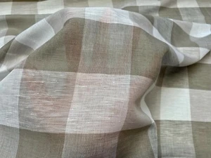 100% Linen Gingham Checked Fabric Plaid Material Buffalo LIGHT GREY 150cm wide - Picture 1 of 7