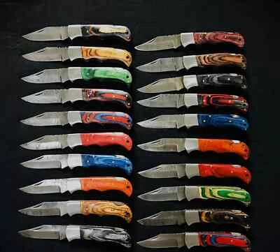 BABA K HOUSE LOT of 20 pcs Damascus Steel Hunting Folding knife, Pocket Knives w/ Sheath