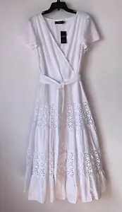 NWT Cotton Lauren Ralph Lauren Eyelet Tiered Belted Midi White Dress Sz 14 $245 - Picture 1 of 11