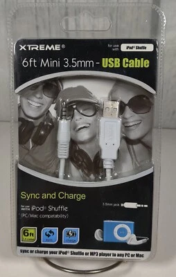 XTREME Mini 3.5mm - USB CABLE 6ft BLACK - Charge Or Sync With Your iPod Shuffle - Image 1 of 3