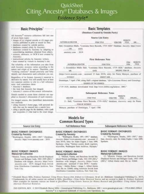 QuickSheet Guide Citing Ancestry.com Record Databases & Images Evidence Style - Image 1 of 1
