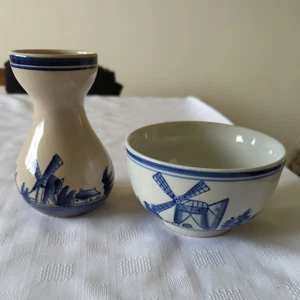 HYACINTH BULB VASE & BOWL - Delft Style - Windmill/Boat - Blue & White. - Picture 1 of 22