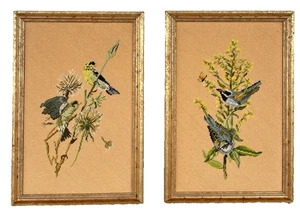 Vintage Vögel Nadelspitze schön gerahmt Paar Stickerei 17" Natur Cottagecore - Bild 1 von 17