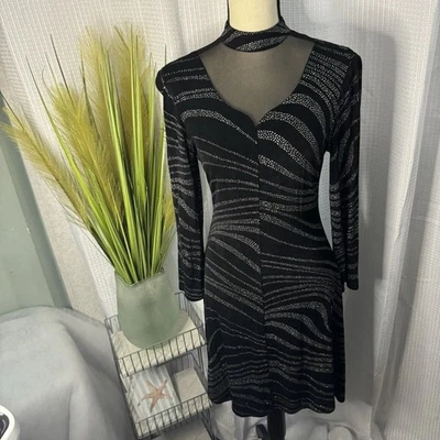 Vestido formal Joseph Ribkoff para mujer 8 negro y plateado manga larga cuello de malla alta Foto 1 de 4
