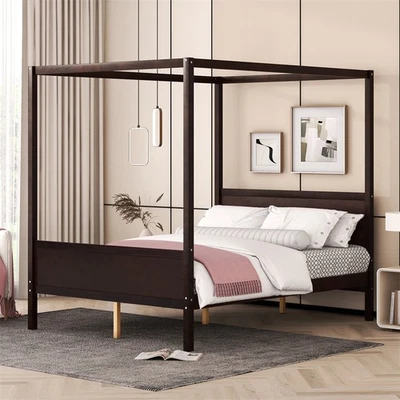 Queen Size Canopy Platform Bed with 4 Canopy Columns & Slat Support Leg,Espresso - Image 1 of 4