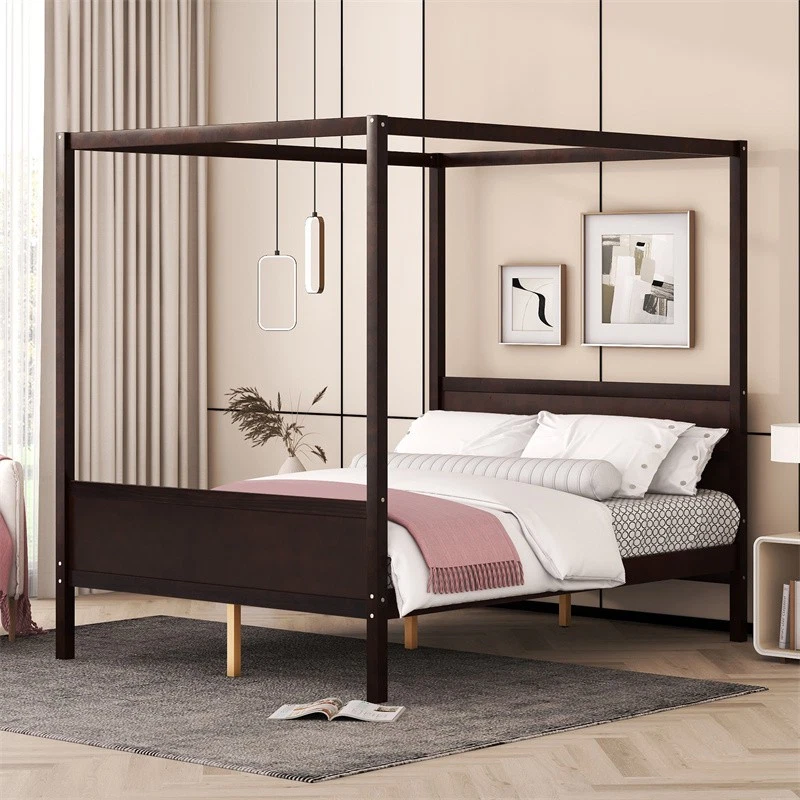 Queen Size Canopy Platform Bed with 4 Canopy Columns & Slat Support Leg,Espresso - Image 1 of 4