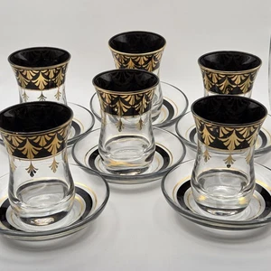 Vintage Türkisches Glas Teeservice für 6 Art Deco Stil Schwarz & Gold Starburst oder Fächer - Bild 1 von 14