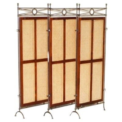 VINTAGE WROUGHT IRON, BERGERE & MAHOGANY TRIPLE PANEL ROOM DIVIDER 166CM X 197CM - Image 1 of 4