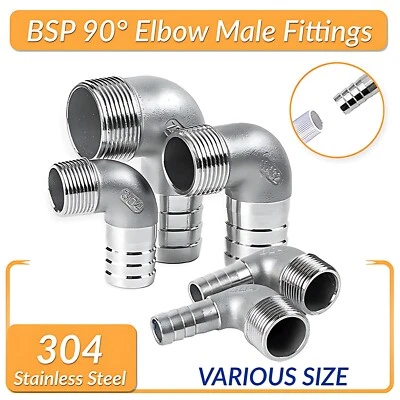 304ss Male BSP 90° Elbow Hose Joiner Connector Tail Barbed Pipe Fittings - Image 1 of 4