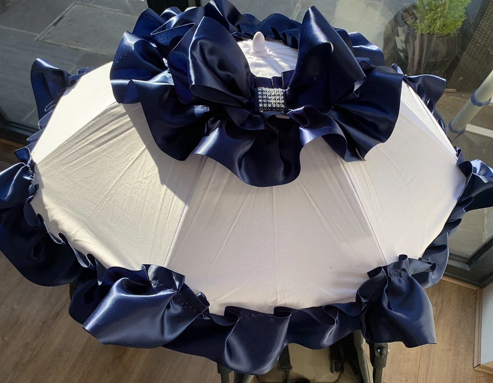 Navy Blue and White Bling Bow Pesci Baby Parasol Pram Pushchair - Romany