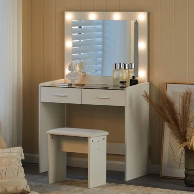 White Dressing Table with LED Lights Mirror 2 Drawers Stool Vanity Make up Desk - Image 1 of 4