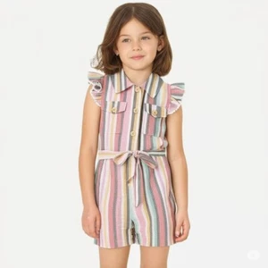 Rare Editions Big Girls Yarn Dye Utility Short Sleeve Romper, size 12 - Picture 1 of 10