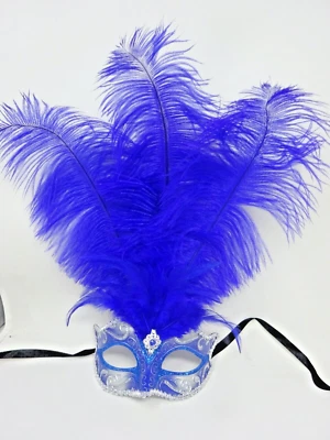 BLUE & SILVER VENETIAN MASQUERADE BALL CARNIVAL PARTY EYE LONG FEATHER MASK - Image 1 of 4