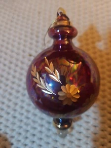 Hand Made Blown Pyrex Glass Etched Ornament Reddish Pink Clear  - Picture 1 of 2