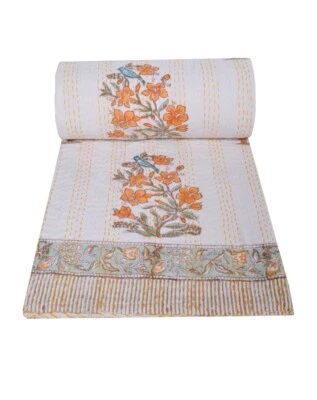 Indian Kantha Quilt Bedspread Bedding Throw Cotton Blanket Floral Print Handmade - Image 1 of 4